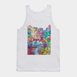 abstract Art Vibrant Landscape with Pink Mountains & Birds Graphic Tank Top